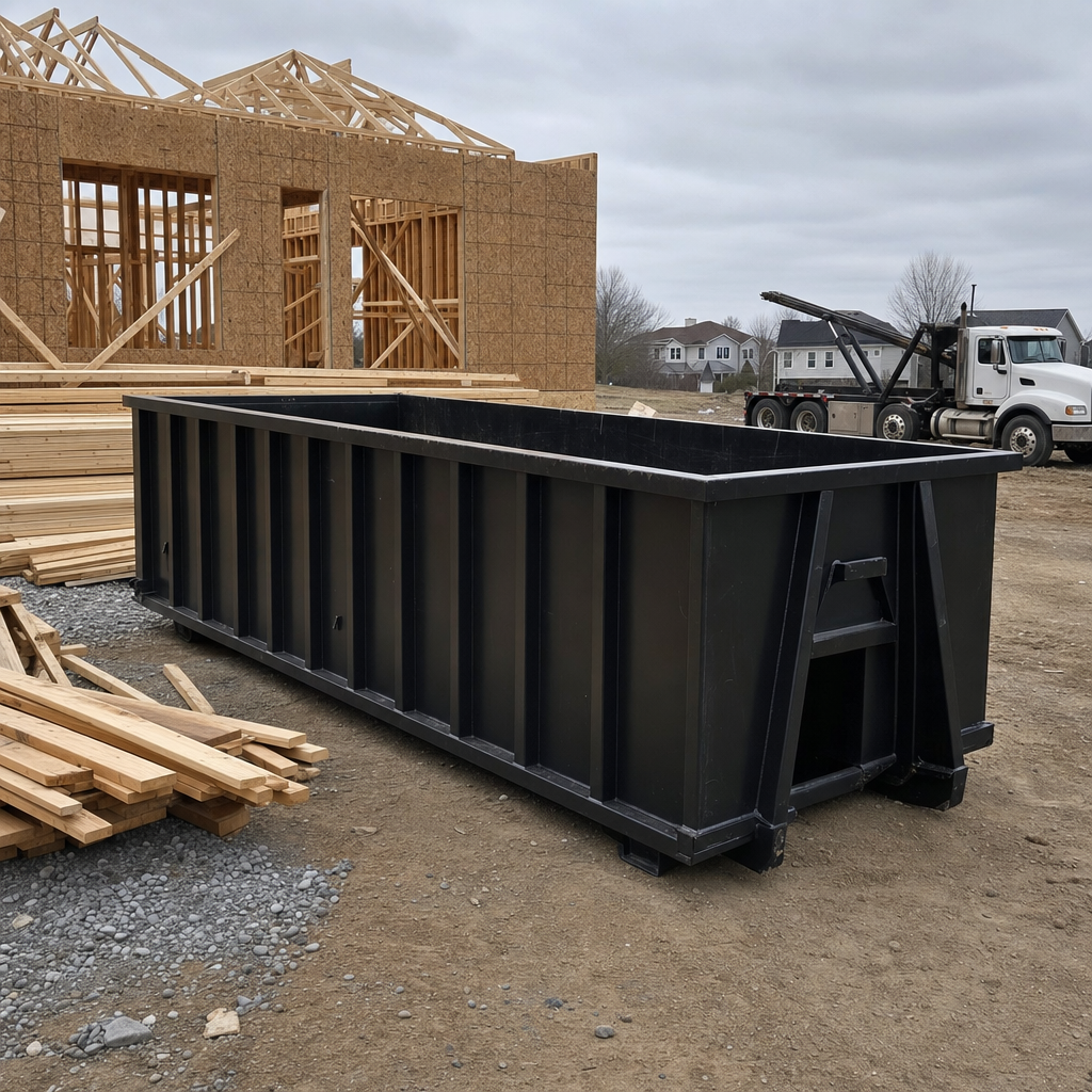 Matte-black 40-yard roll-off dumpster staged on a framed-out residential construction site in Columbus, framing lumber stacked nearby, hooklift delivery truck visible in the background under bright Colorado daylight