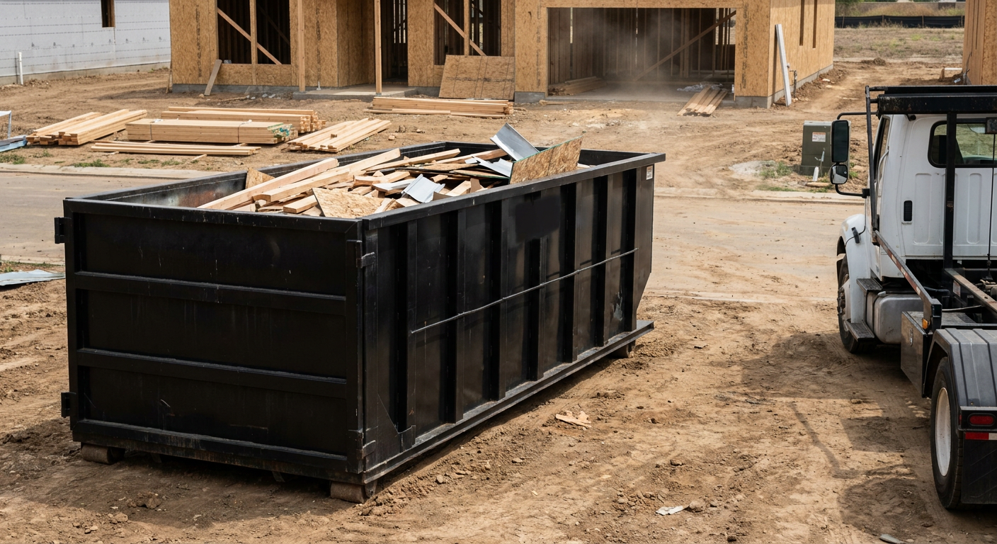 Matte-black 20-yard roll-off construction dumpster with heavy ribbed steel sidewalls and swing rear doors at a working jobsite in Columbus, sitting directly on compacted dirt with an unmarked white hauler partially visible at the far edge of the frame.