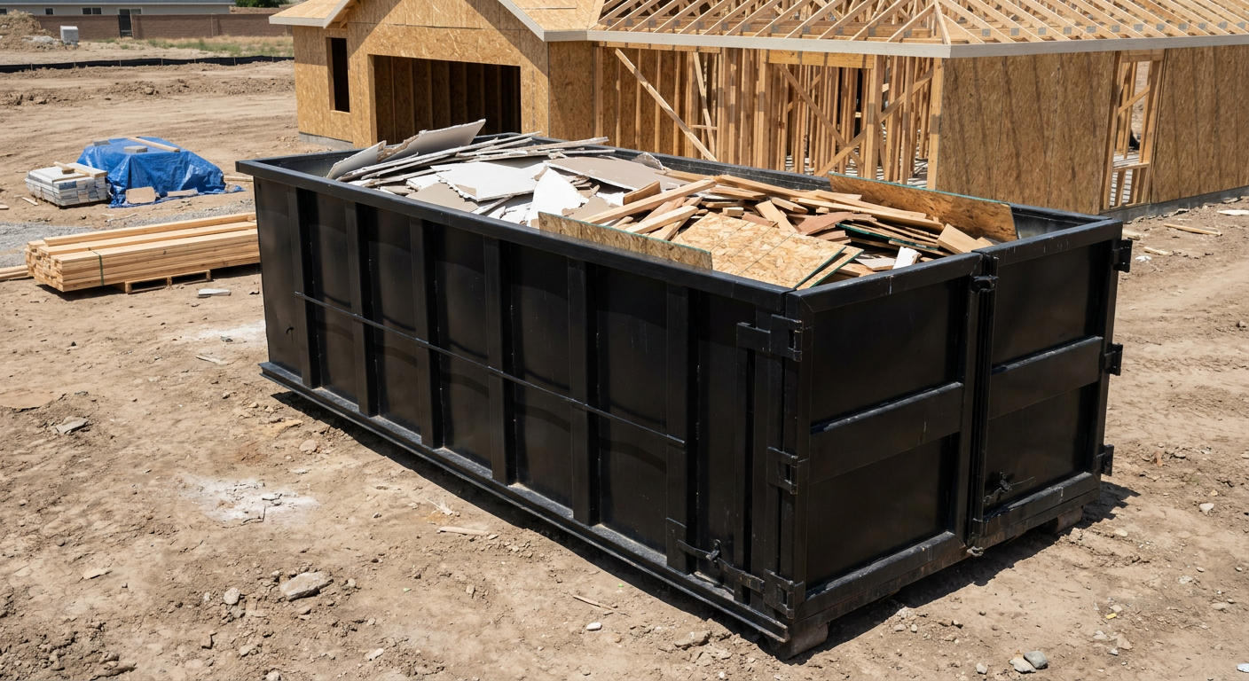 Matte-black 30-yard roll-off construction dumpster sitting directly on the compacted-dirt site of a framed single-family home build in Columbus, drywall and lumber scrap loaded inside.