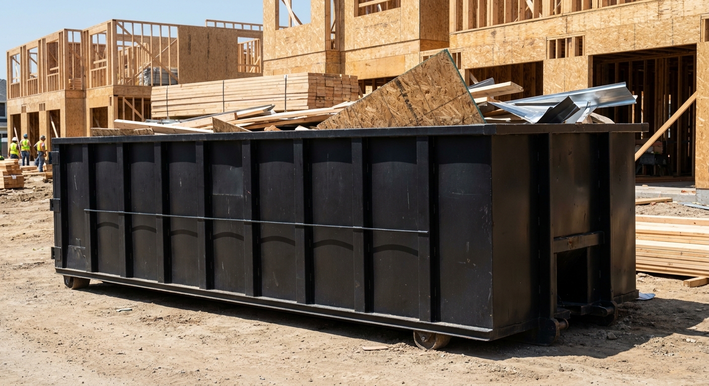 Matte-black 40-yard roll-off construction dumpster being lowered from a white-cab hooklift delivery truck onto the compacted-dirt jobsite at a commercial build site in Columbus