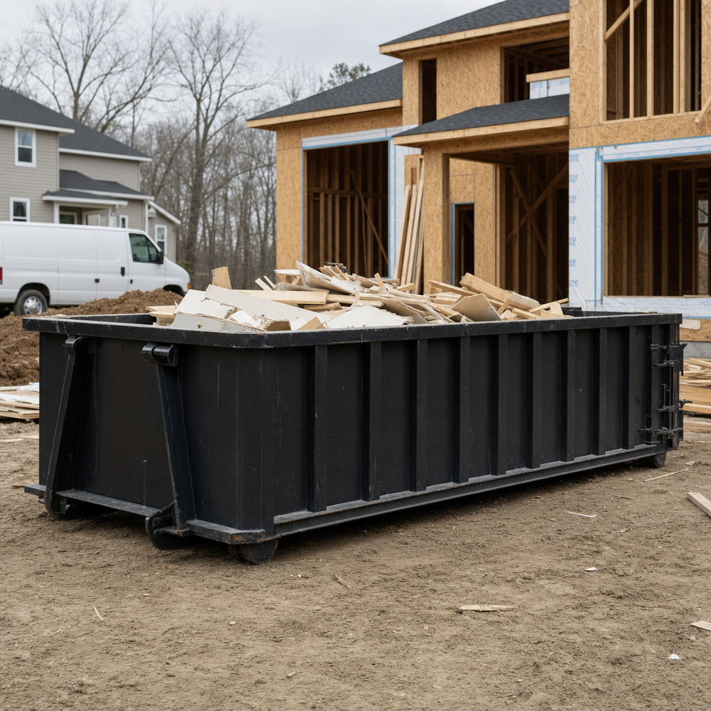 Worker in a yellow high-visibility vest tossing framing lumber and broken drywall into a matte-black 30-yard construction roll-off dumpster on an active build site in Columbus, bright daylight