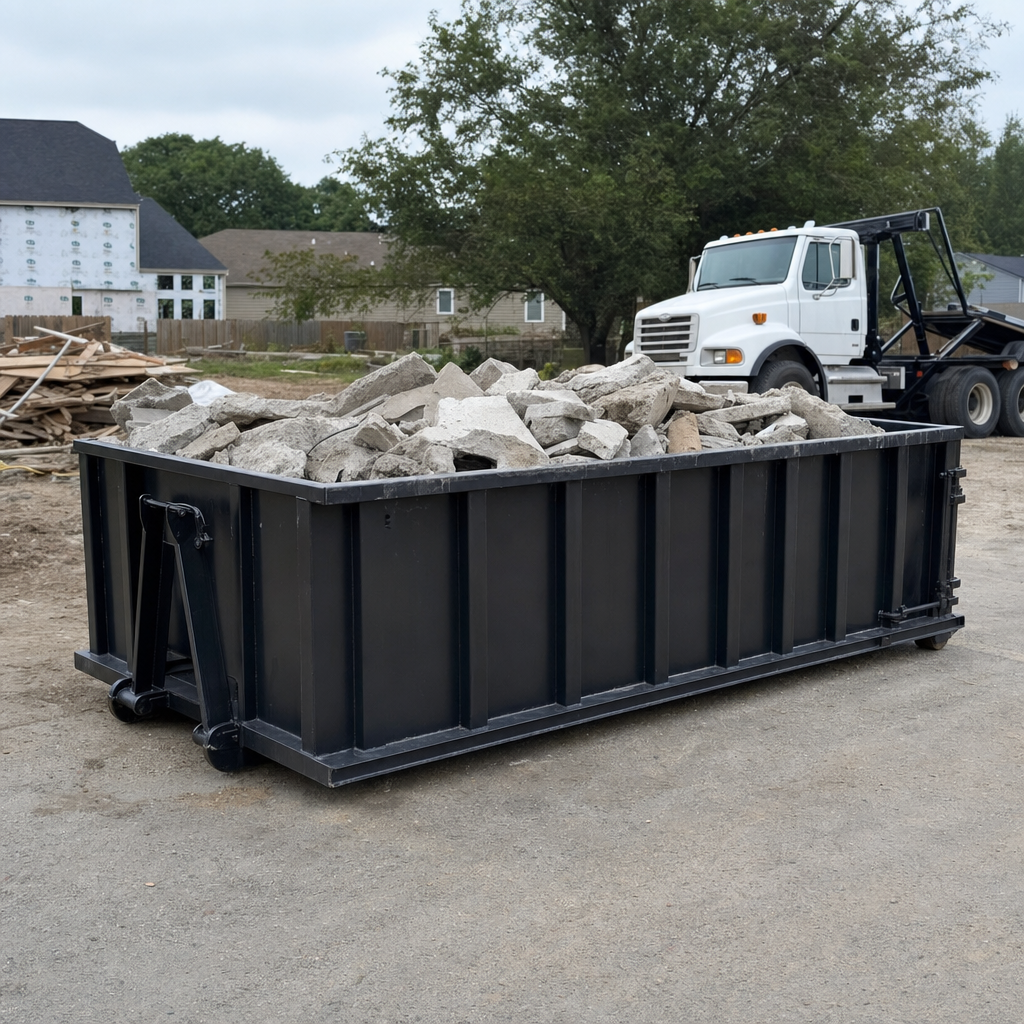 Low-profile matte-black lowboy roll-off dumpster loaded with broken concrete slab and rebar at a foundation tear-out in Columbus, skid steer parked beside it, sunny Colorado morning