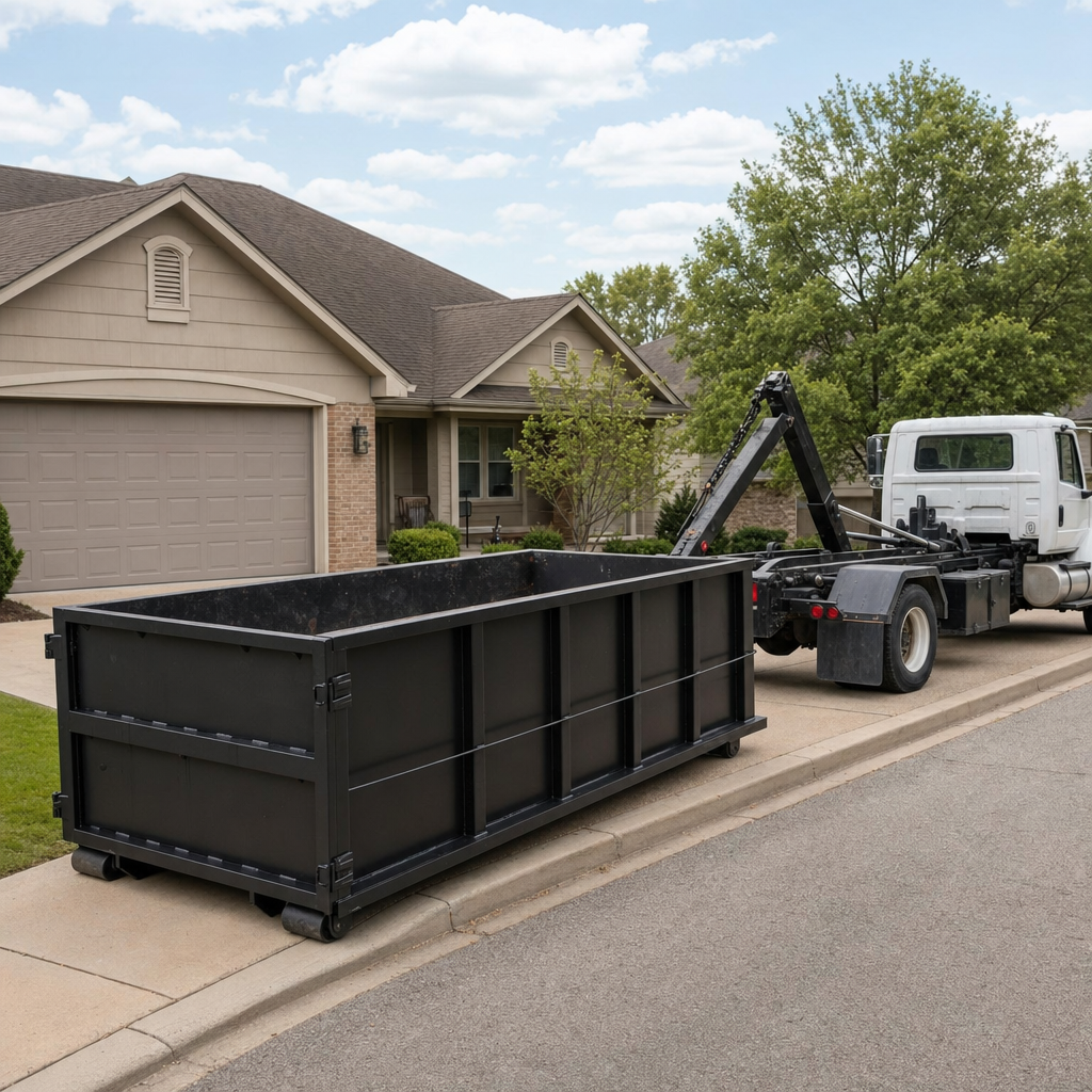 Wide documentary shot of a matte-black roll-off dumpster on a Columbus residential driveway in the foreground and a contractor jobsite container in the soft-focus background, bright daylight, calm and orderly composition.