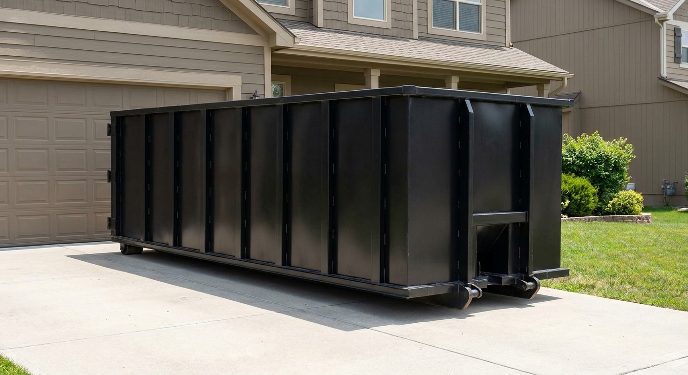 Matte-black residential roll-off dumpster sitting directly on a suburban Columbus concrete driveway, garage door closed, single-family home in background, bright morning daylight.