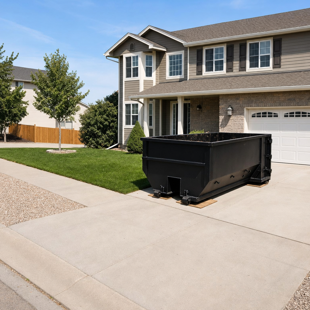 10-yard matte-black residential dumpster placed directly on a narrow Columbus concrete driveway, room remains for a parked sedan beside it, mid-morning natural light