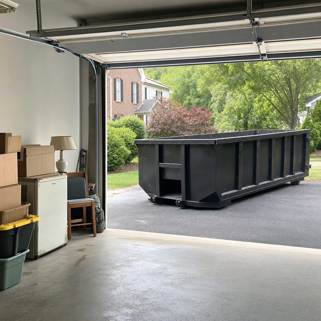 Open garage interior in a Columbus home mid-cleanout — boxed items, an old appliance, and stacked yard tools queued near the driveway for a matte-black roll-off dumpster, organized and calm