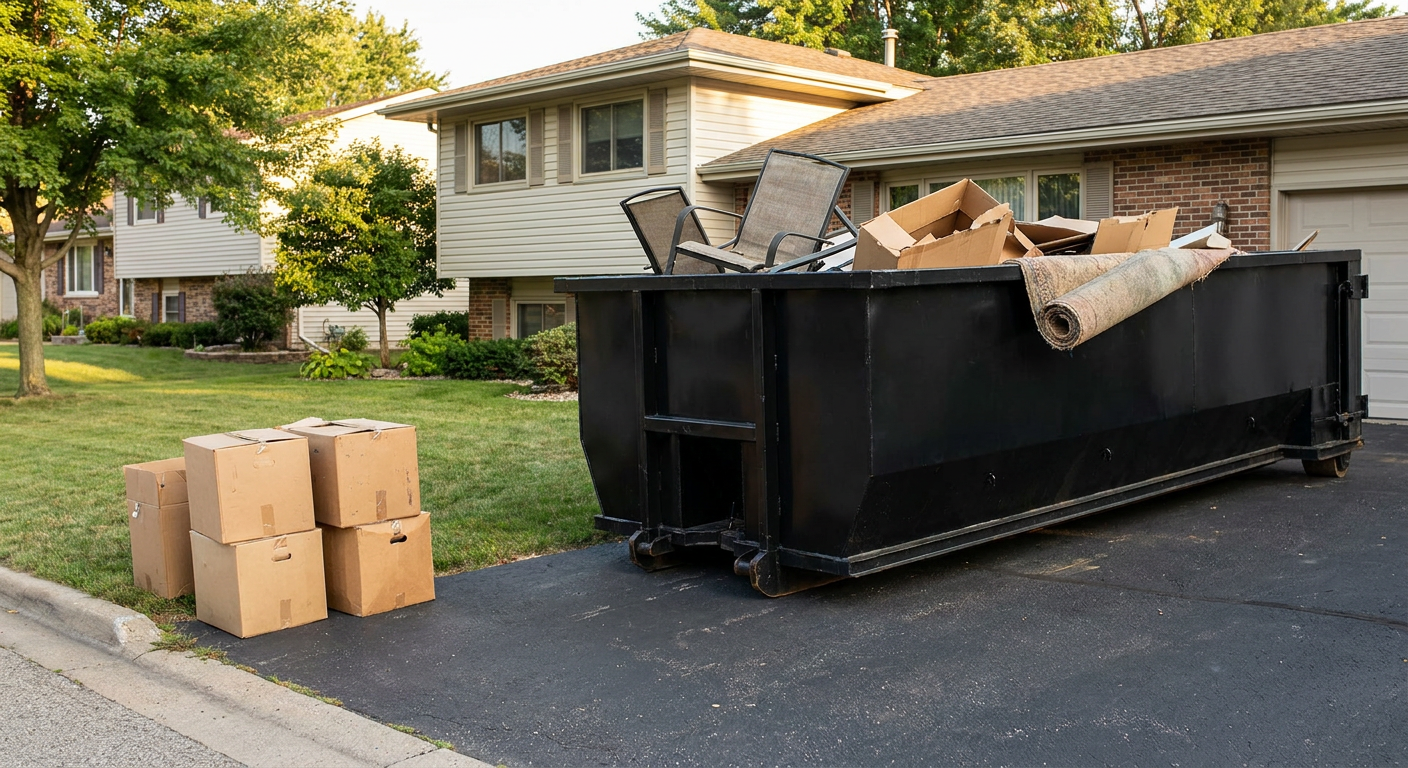 Front-yard view of a Columbus split-level home with a 20-yard matte-black roll-off dumpster sitting directly on the asphalt driveway, a few clearly labeled donation boxes staged at the curb, calm sunny afternoon.