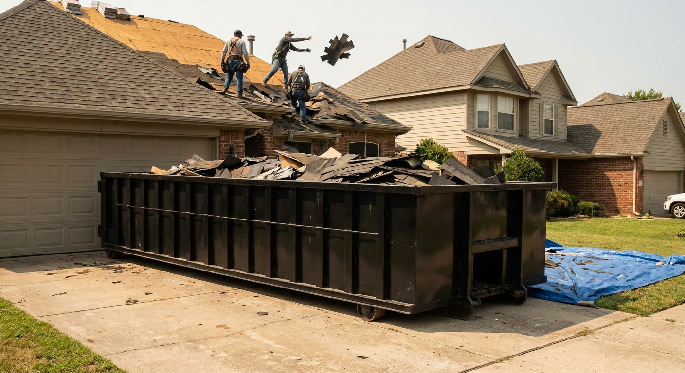 Matte-black roofing roll-off dumpster placed directly on a Columbus residential concrete driveway, a tear-off crew on a two-story asphalt-shingle roof tossing shingle bundles into the low-walled container, bright daylight, documentary 35mm perspective.