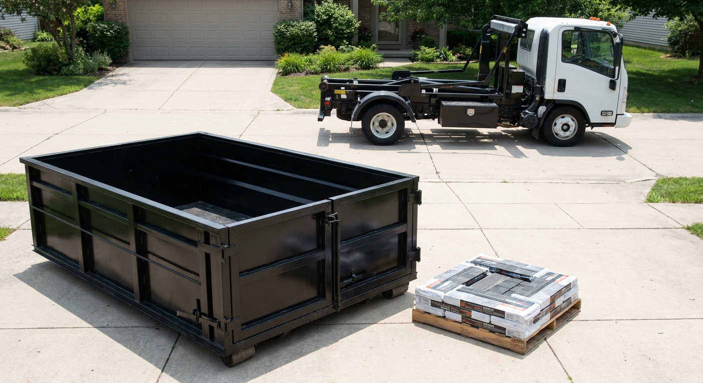 Matte-black 15-yard roofing roll-off dumpster with reinforced low side walls sitting directly on a Columbus residential concrete driveway, three-tab asphalt shingle bundles stacked nearby, an unmarked white hauler truck partially visible at the edge of the frame.