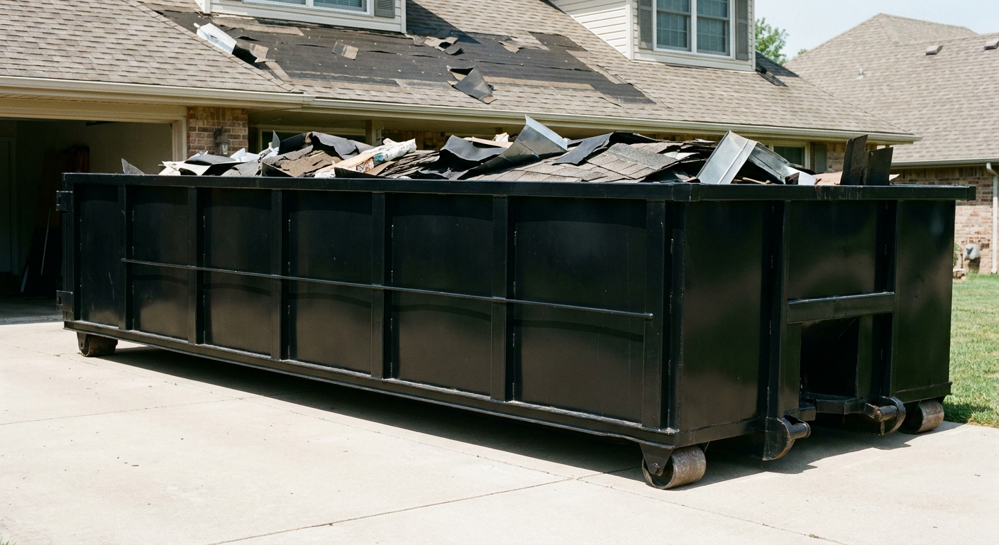 Matte-black 20-yard roofing roll-off dumpster with steel ribbed sides and swinging rear door, sitting directly on the concrete driveway of a two-story Columbus home, asphalt shingle debris being loaded over the low wall, clean documentary lighting.
