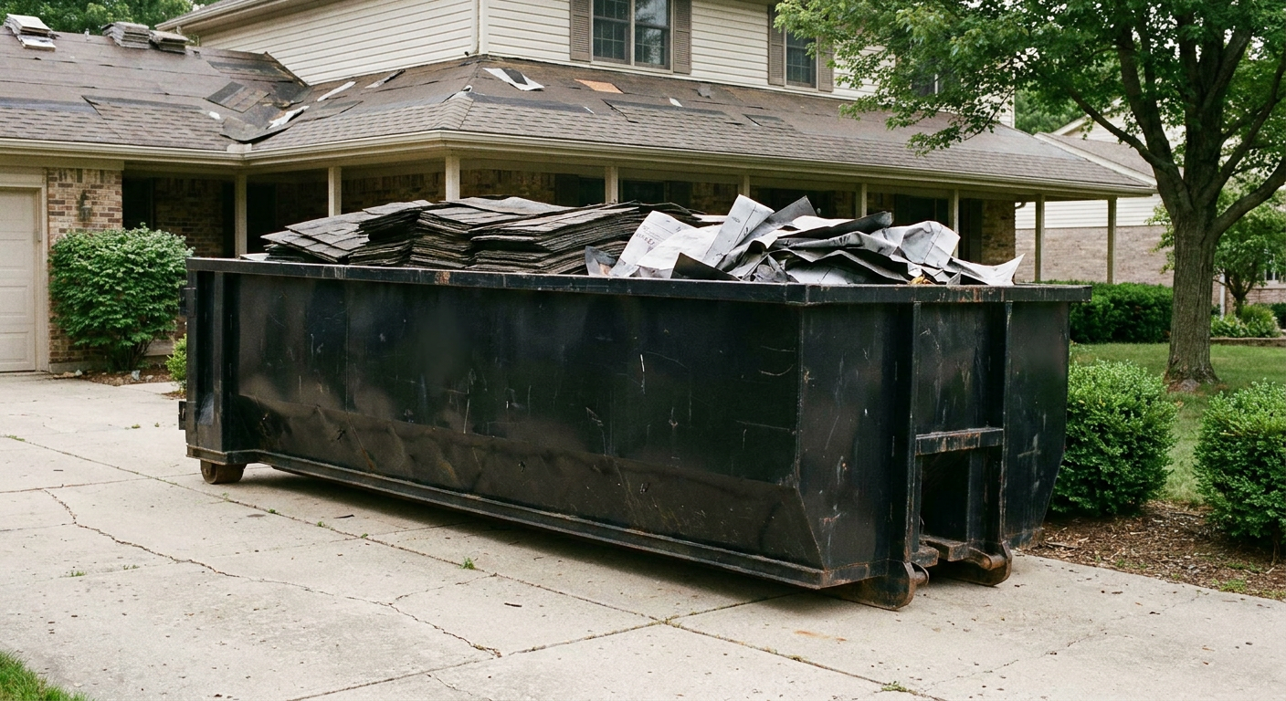 Matte-black 30-yard roofing roll-off dumpster sitting directly on a Columbus concrete driveway, taller ribbed steel side panels, mixed tear-off debris of asphalt shingles and underlayment inside, professional documentary daylight.