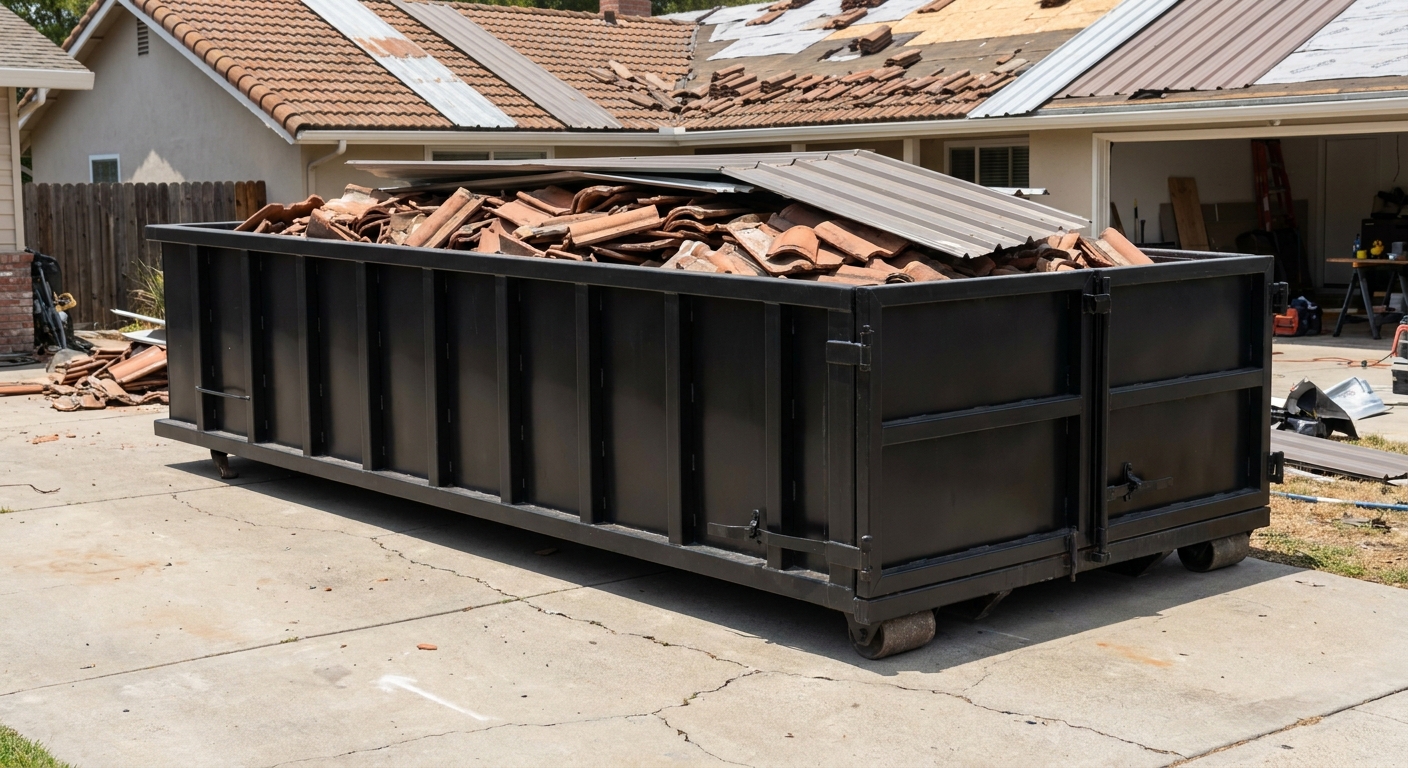 Matte-black low-wall heavy-debris roofing roll-off dumpster sitting directly on a Columbus concrete driveway, broken concrete clay roof tiles and metal panel sections loaded inside, reinforced ribbed steel side walls visible, bright outdoor daylight.