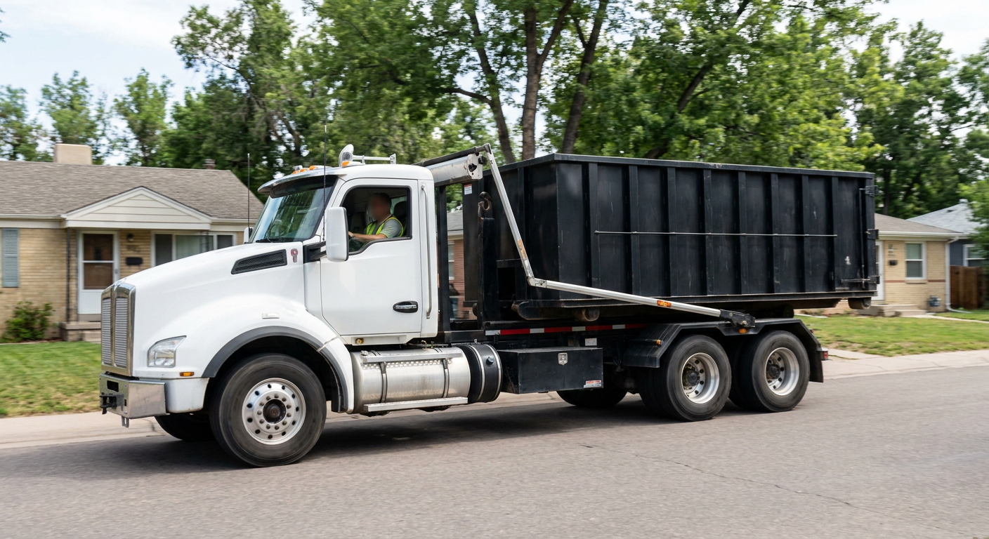 A wide documentary shot of a matte-black roll-off delivery truck pulling onto a quiet Columbus residential street at mid-morning, with neighborhood rooftops and tree-lined blocks visible behind, showing the metro coverage footprint.
