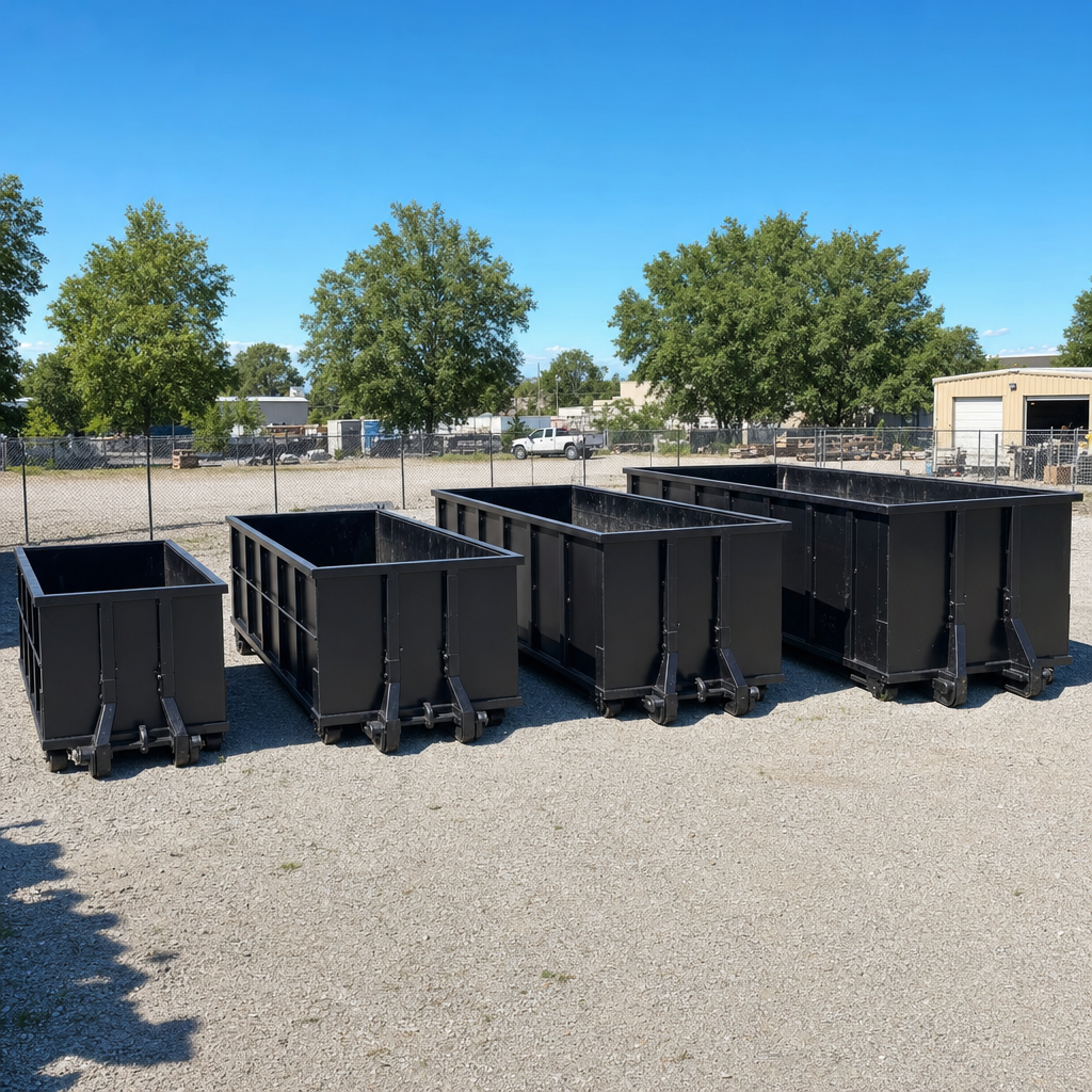 A clean lineup of matte-black roll-off dumpsters in 10, 20, 30, and 40-yard sizes staged on a sunlit gravel yard in Columbus, showing the size progression from compact to commercial-scale containers.