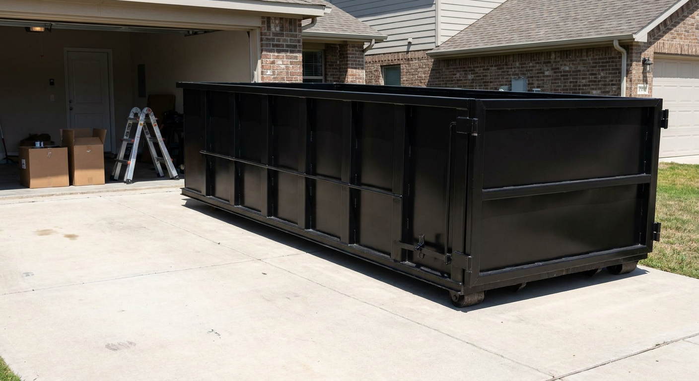 A matte-black 10-yard roll-off dumpster sitting directly on a residential Columbus concrete driveway, mid-day sunlight, clean and ready for a garage cleanout.