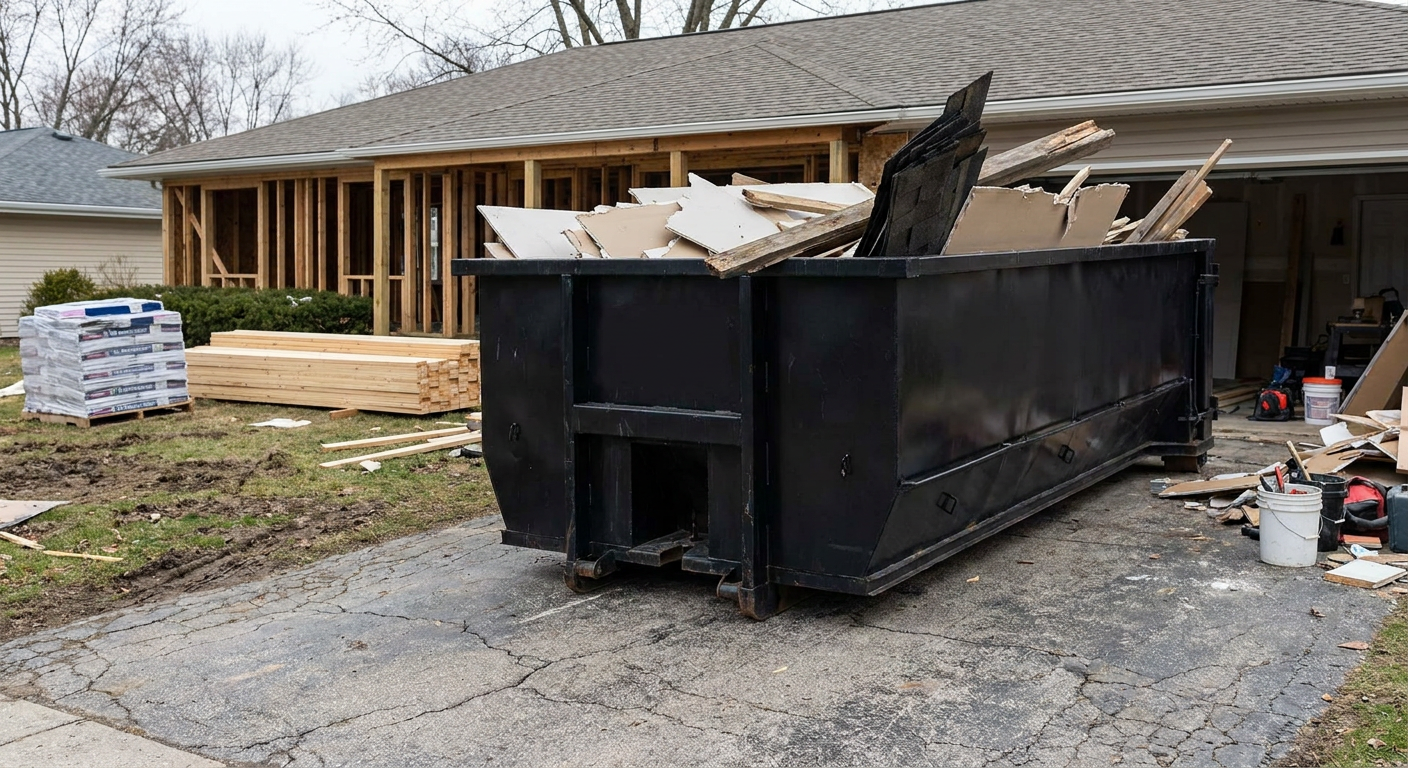 A matte-black 20-yard roll-off dumpster placed alongside a mid-renovation Columbus home directly on the asphalt driveway, with framing materials and torn-off shingles staged neatly nearby.