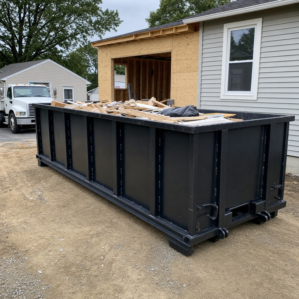A matte-black 30-yard roll-off dumpster positioned at a Columbus residential addition jobsite, with framing lumber and drywall scraps loaded through the open swinging rear doors.
