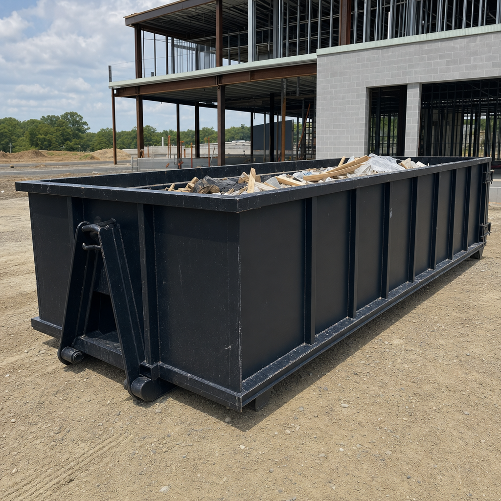 A matte-black 40-yard roll-off dumpster staged on a large Columbus commercial construction lot, with a hooklift delivery truck parked alongside under bright midday sky.