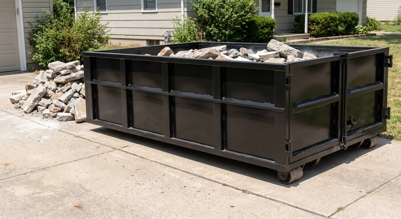 A matte-black low-side heavy-debris roll-off dumpster placed directly on a Columbus concrete driveway, with broken concrete chunks neatly stacked beside it under clean daylight.